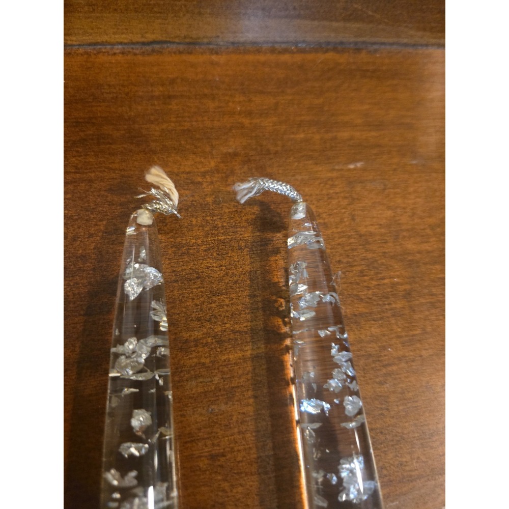 Vintage Lucite Acrylic Clear Taper Pair Candles Silver Flake 10" MCM Box Incl. - Picture 7 of 12